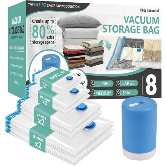 Travel Vacuum Storage Bags with Electric Pump Space Saver for Clothes 8 Pack - Picture 1 of 7